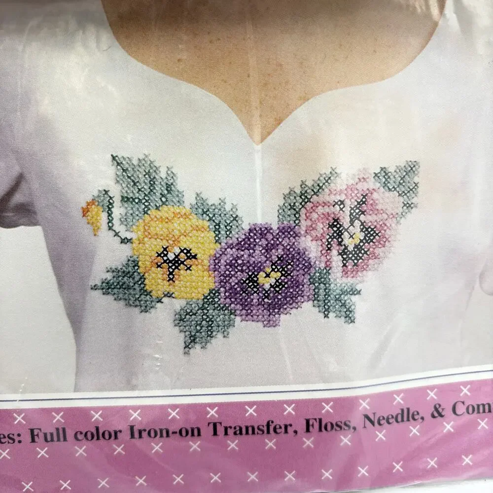 2 Wearable Flower Cross Stitch Kits Vintage 1990s Iron On Transfer Rose Pansy